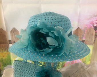 Girls Turquoise Easter Hat Set - Easter Hat and Purse Set - Derby Hat - Church Hat - Flower Girl Hat