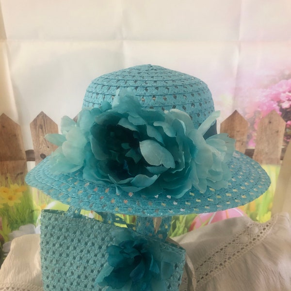 Girls Turquoise Easter Hat Set - Easter Hat and Purse Set - Derby Hat - Church Hat - Flower Girl Hat