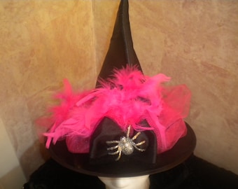Child's Halloween Witch Hat: Hot Pink Tulle, Feathers & Glitter Spider