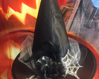 Child's Sparkly Witch Hat: Black, Silver Tulle, Glitter Halloween Costume