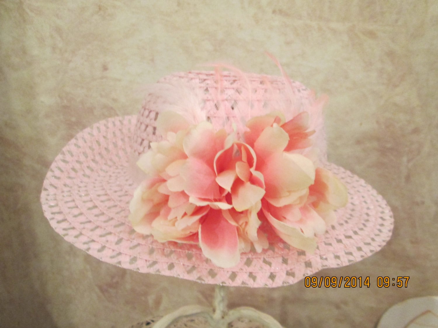 Pink boho hippie tea party straw hat w flowers ? Pink Straw Tea Party Hat – Girls Flowers & Feathers - Etsy main image 2