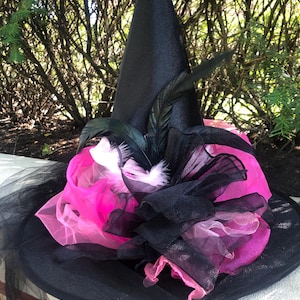 May include: A black witch hat with a tall pointed crown and a wide brim. The hat is decorated with pink and black tulle, white feathers, and black feathers.