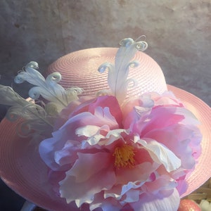 Girls pink derby hat with flower and feather Church hat for girls -