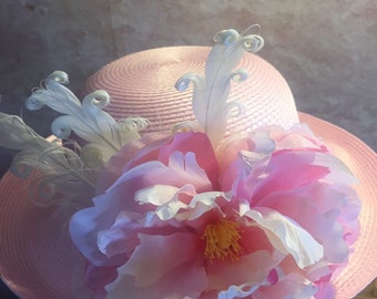 Girls Pink Derby Hat – Flower & Feather Church Hat