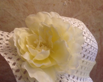 White straw hat with yellow tulle bow- Easter hat - Derby Hat