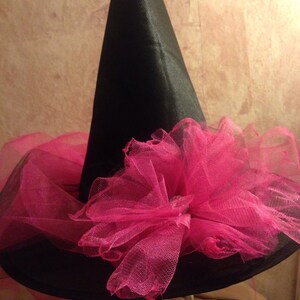 Hot pink Witch Hat Little Girls Witch Hat with Train Tulle and Satin Witch Hat Halloween Witch Costume Hat image 3