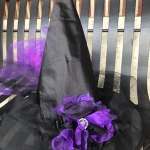 Costume Witch Hat in black and purple with tutu in back - Halloween Witch Hat - Witch Hat