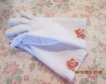 Children's white gloves with tangerine flowers - Tea party gloves - Little girl's white gloves - FREE SHIPPING!