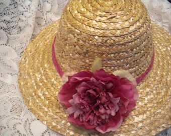 Lovely straw hat with raspberry flower for women -sun hat -Shabby chic style  straw hat for ladies-