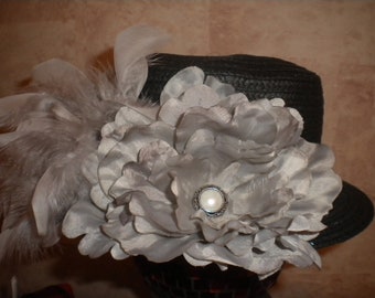 Black & gray feather flower hat - classy women's dress hat - women's church hat - dress hat