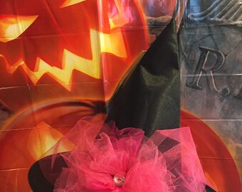Hot pink Witch Hat -Little Girls Witch Hat with Train - Tulle and Satin Witch Hat - Halloween Witch Costume Hat