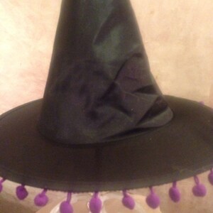 May include: A black witch hat with a purple pom-pom trim. The hat has a tall, pointed crown and a wide brim.