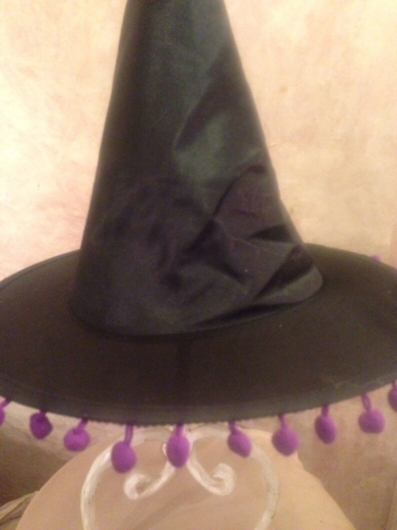 May include: A black witch hat with a purple pom-pom trim. The hat has a tall, pointed crown and a wide brim.
