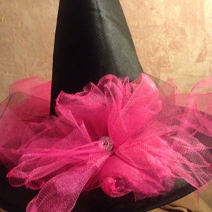 Hot pink Witch Hat Little Girls Witch Hat with Train Tulle and Satin Witch Hat Halloween Witch Costume Hat image 2