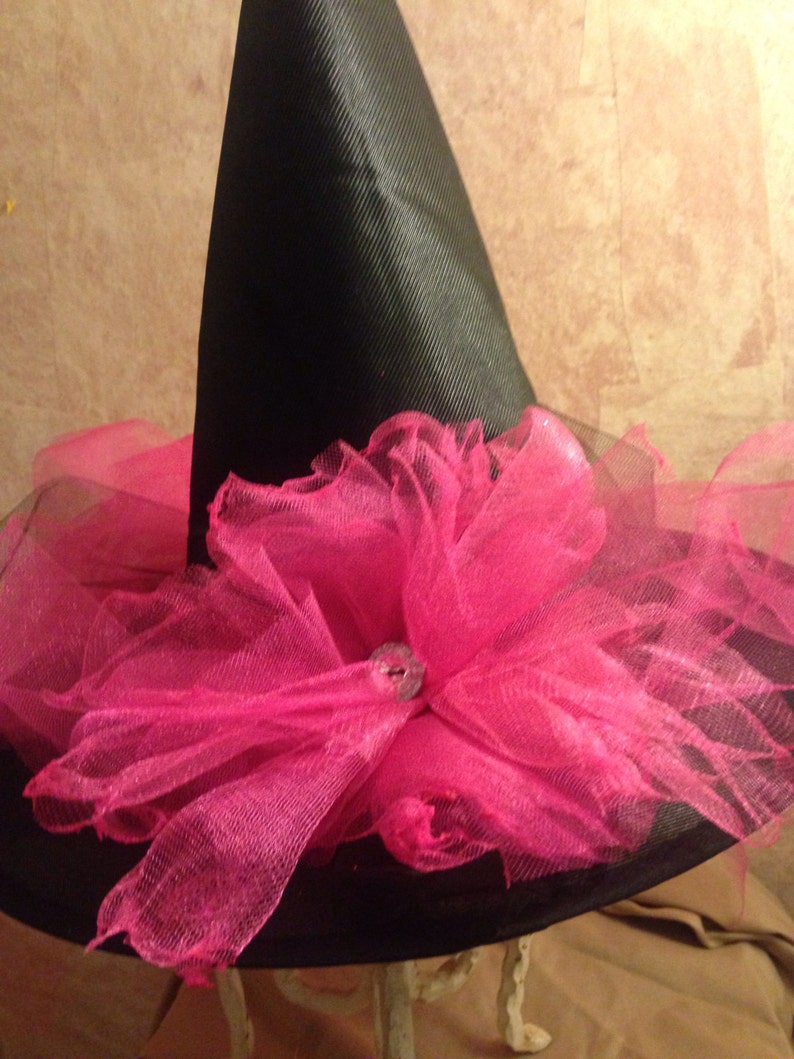 Hot pink Witch Hat Little Girls Witch Hat with Train Tulle and Satin Witch Hat Halloween Witch Costume Hat image 2