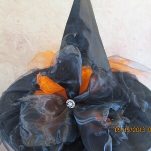 May include: Black witch hat with a large orange and black bow and a rhinestone embellishment. The hat is made of a soft, flowing fabric.