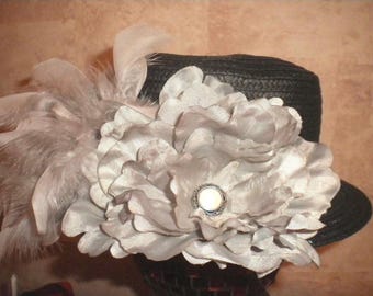 Black & gray feather flower hat - classy women&#39;s dress hat - women&#39;s church hat - dress hat
