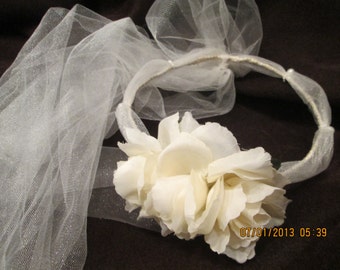 Ivory bridal head piece - hair wreath with tulle - ivory bridal hair wreath - flower girl hair wreath -