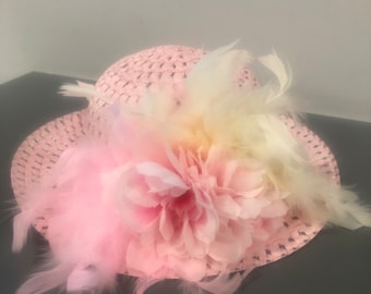 Pink Straw Tea Party Hat – Girls Flowers & Feathers