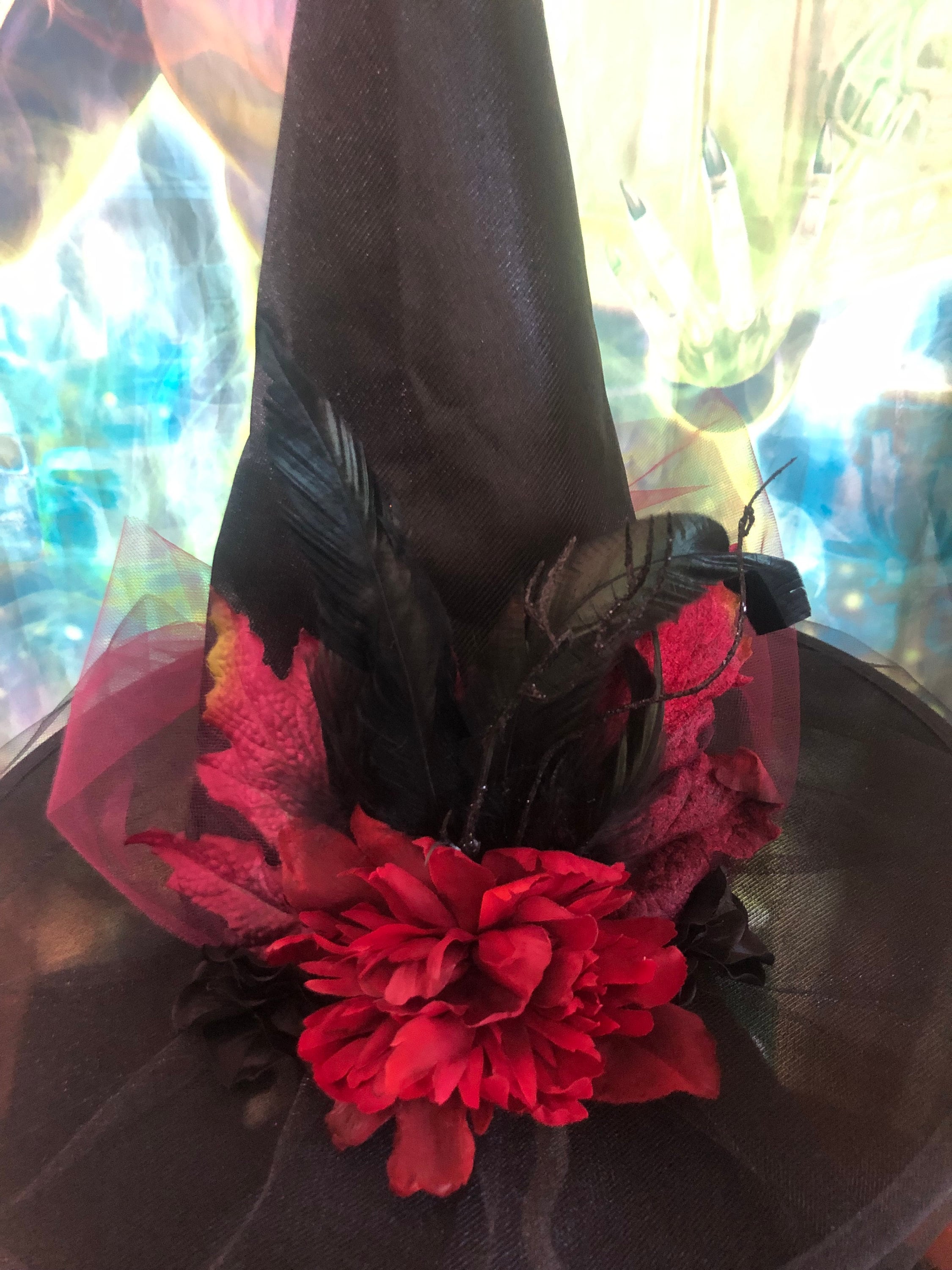 Witch hat ❣️HOST PICK❣️Blood red & black Feathers skeletons, vines & flowers 1of Black Rose Pearl Bow Lace Witch Hat | Hot Topic main image 4