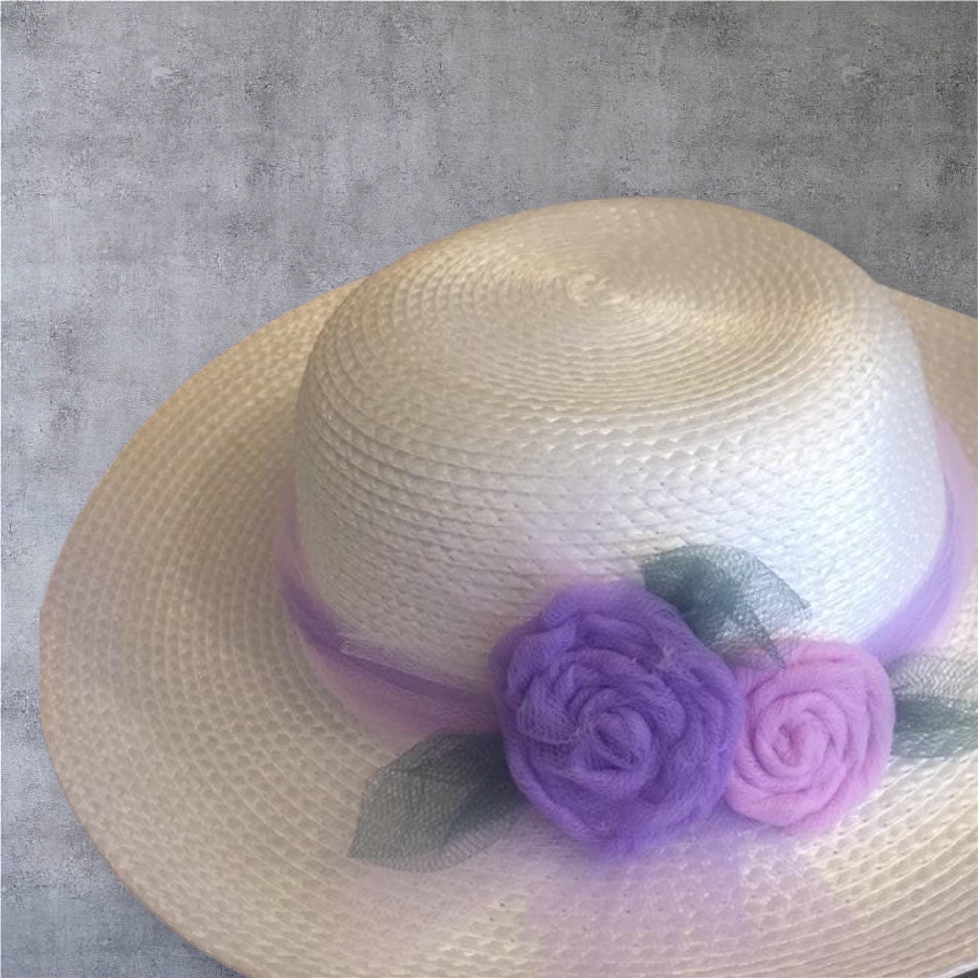 Elegant Purple Women\'s Straw Hat with Plaid Purple flowers and Ribbon Purple Straw Vintage Hats for Women for sale | eBay main image 4