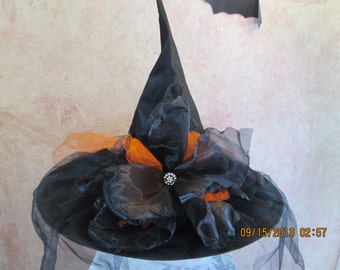 Gorgeous Orange and Black Witch Hat - Tulle and Organza Witch Hat with Tutu Train in back