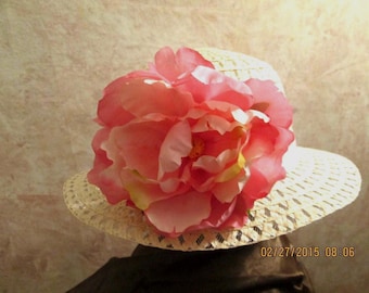 Beige Easter Hat with Peony - Girls Easter Hat - Girls Derby Hat - Girls Tea Party Hat