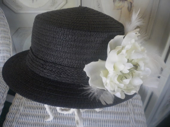 Black Straw Derby Hat: Ivory Peony & Feather Accent - Etsy display picture 1
