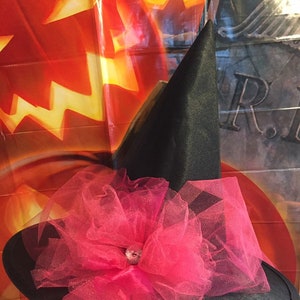 Hot pink Witch Hat Little Girls Witch Hat with Train Tulle and Satin Witch Hat Halloween Witch Costume Hat image 6