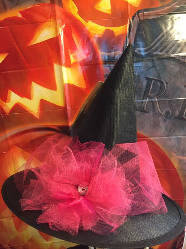 Hot pink Witch Hat Little Girls Witch Hat with Train Tulle and Satin Witch Hat Halloween Witch Costume Hat image 6