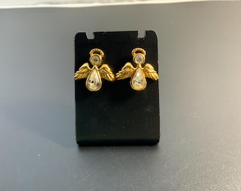 Vintage Avon Gold atone Angel Pierced Earrings Clear Teardrop Rhinestone Body