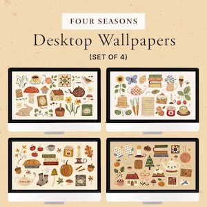 May include: A set of four computer monitors displaying digital desktop wallpapers with the text FOUR SEASONS Desktop Wallpapers (SET OF 4). Each screen features a collection of illustrated icons representing spring, summer, autumn, and winter.