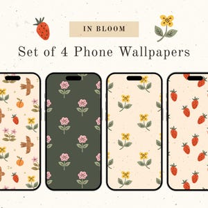 Può includere: Set di quattro sfondi per telefono con diversi motivi. Il primo sfondo ha uno sfondo chiaro con uccelli marroni, fiori gialli, fragole rosse e frutta arancione. Il secondo sfondo ha uno sfondo verde scuro con fiori rosa. Il terzo sfondo ha uno sfondo chiaro con fiori gialli. Il quarto sfondo ha uno sfondo chiaro con fragole rosse.