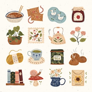 Op de afbeelding: Een verzameling van 12 ge&iuml;llustreerde afbeeldingen met verschillende thema's, waaronder natuur, eten en interieurdecoratie. De afbeeldingen zijn geschilderd in een speelse stijl met felle kleuren en eenvoudige details. Sommige van de afbeeldingen bevatten een kom noedels, een potplant, een theepot, een kopje thee, een pot jam, een slak, een stapel boeken, een zaadzakje en een bol garen.