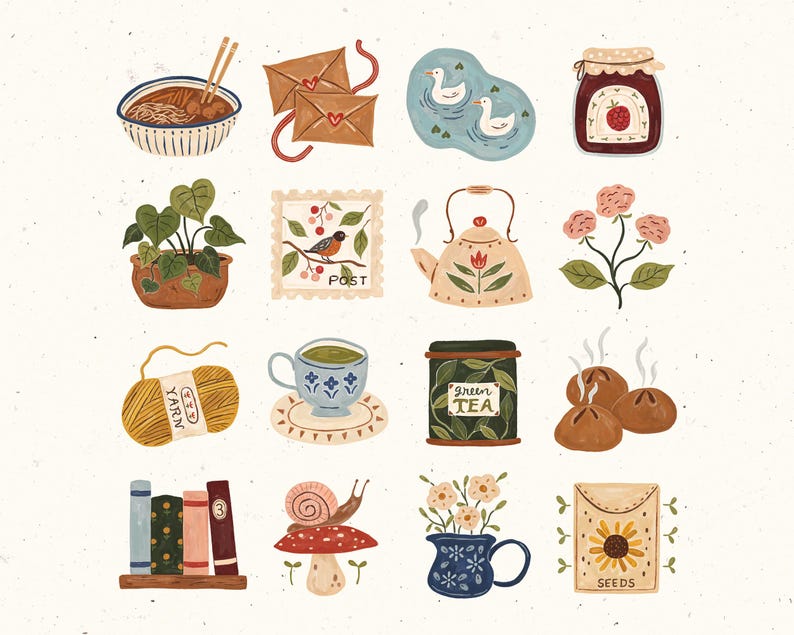 Op de afbeelding: Een verzameling van 12 ge&iuml;llustreerde afbeeldingen met verschillende thema's, waaronder natuur, eten en interieurdecoratie. De afbeeldingen zijn geschilderd in een speelse stijl met felle kleuren en eenvoudige details. Sommige van de afbeeldingen bevatten een kom noedels, een potplant, een theepot, een kopje thee, een pot jam, een slak, een stapel boeken, een zaadzakje en een bol garen.