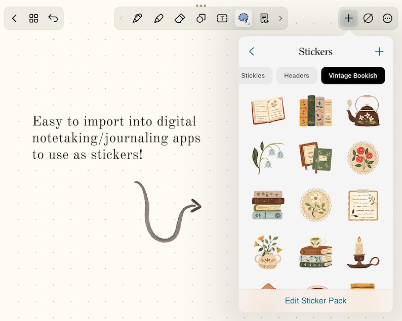May include: A tablet screen shows a sticker pack with a "Vintage Bookish" theme. The stickers include illustrations of books, flowers, a teapot, and a candle. The text on the screen says, "Easy to import into digital notetaking/journaling apps to use as stickers!"