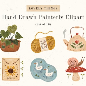 Op de afbeelding: Een set van 16 handgetekende, schilderachtige clipart-illustraties. De illustraties omvatten een potplant, garen, een theepot, een slak op een paddenstoel, een zaadzakje en twee eenden die in een vijver zwemmen. De illustraties zijn in een grillige stijl met een gedempte kleurenpalet.