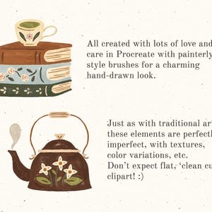 May include: Illustration of a stack of books with a teacup on top and a teapot below. The books are brown, light blue, and green. The teapot is brown with white flower accents. The image includes text.