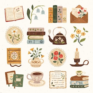May include: A selection of vintage-style illustrations. The image features open books, stacks of books, flowers, a teapot, an envelope with flowers, a teacup, a candle, and a clipboard. The colour scheme includes soft browns, greens, and creams.