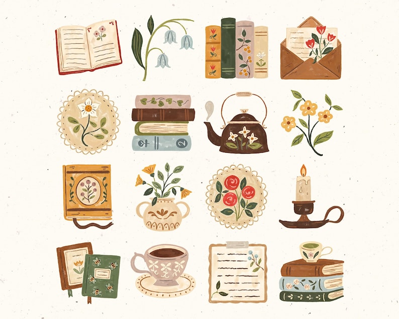 May include: A selection of vintage-style illustrations. The image features open books, stacks of books, flowers, a teapot, an envelope with flowers, a teacup, a candle, and a clipboard. The colour scheme includes soft browns, greens, and creams.