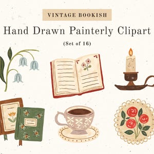 May include: Vintage bookish hand-drawn painterly clipart set of 16. Includes illustrations of an open book, a teacup, a candle, flowers, and a journal with bees. The color palette features soft browns, greens, and blues.