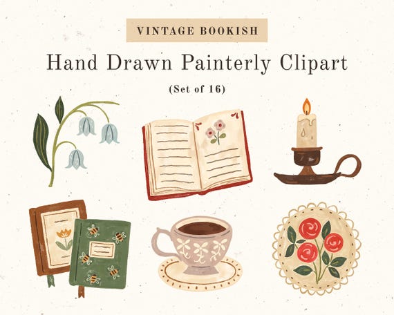 Vintage Bookish Hand Drawn Clipart - Digital Download - Cozy Academia Digital Stickers