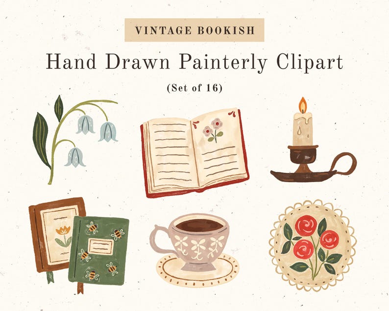 May include: Vintage bookish hand-drawn painterly clipart set of 16. Includes illustrations of an open book, a teacup, a candle, flowers, and a journal with bees. The color palette features soft browns, greens, and blues.