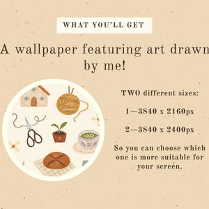 May include: A digital illustration of a wallpaper featuring a variety of hand-drawn elements, including a house, yarn, scissors, a potted plant, a bowl of tea, and a loaf of bread. The wallpaper is available in two sizes: 3840 x 2160 pixels and 3840 x 2400 pixels.