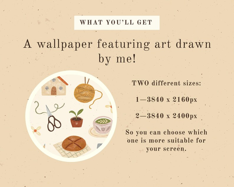 May include: A digital illustration of a wallpaper featuring a variety of hand-drawn elements, including a house, yarn, scissors, a potted plant, a bowl of tea, and a loaf of bread. The wallpaper is available in two sizes: 3840 x 2160 pixels and 3840 x 2400 pixels.