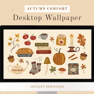 Könnte beinhalten: Ein Computermonitor zeigt ein Desktop-Hintergrundbild zum Thema Herbst. Das Design umfasst Illustrationen von Äpfeln, einem Kuchen, einem Kürbis, Büchern, einer Kerze und anderen herbstbezogenen Elementen. Der Text "Autumn Comfort Desktop Wallpaper" steht oben.