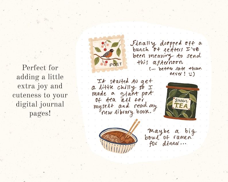 Op de afbeelding: Een digitale journalpagina met handgetekende illustraties. De pagina bevat een postzegel met een vogel, een kopje groene thee, een kom ramen en handgeschreven tekst die luidt: "Eindelijk heb ik een stapel brieven afgegeven die ik deze middag wilde versturen (... beter laat dan nooit!)" en "Het begon een beetje koud te worden, dus ik heb een enorme pot thee voor mezelf gemaakt en mijn nieuwe bibliotheekboek gelezen." en "Misschien een grote kom ramen voor het avondeten..."
