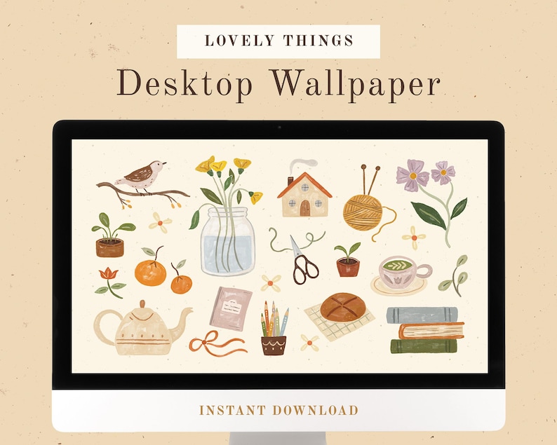 May include: A digital desktop wallpaper featuring a collection of illustrated objects in a light beige background. The objects include a bird, a house, a jar of flowers, a cup of tea, a book, a spool of yarn, a pair of scissors, a potted plant, a teapot, and oranges.