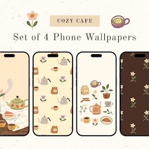 Cute Phone Wallpapers &quot;Cozy Cafe&quot; (Set of 4) | Digital Download | Soft Cafe Aesthetic iPhone Wallpapers