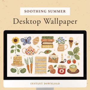 May include: A computer monitor displaying a digital desktop wallpaper titled SOOTHING SUMMER Desktop Wallpaper. The screen features a collection of illustrations including a sunflower, butterfly, teapot, books, strawberries, carrots, and a coffee cup.